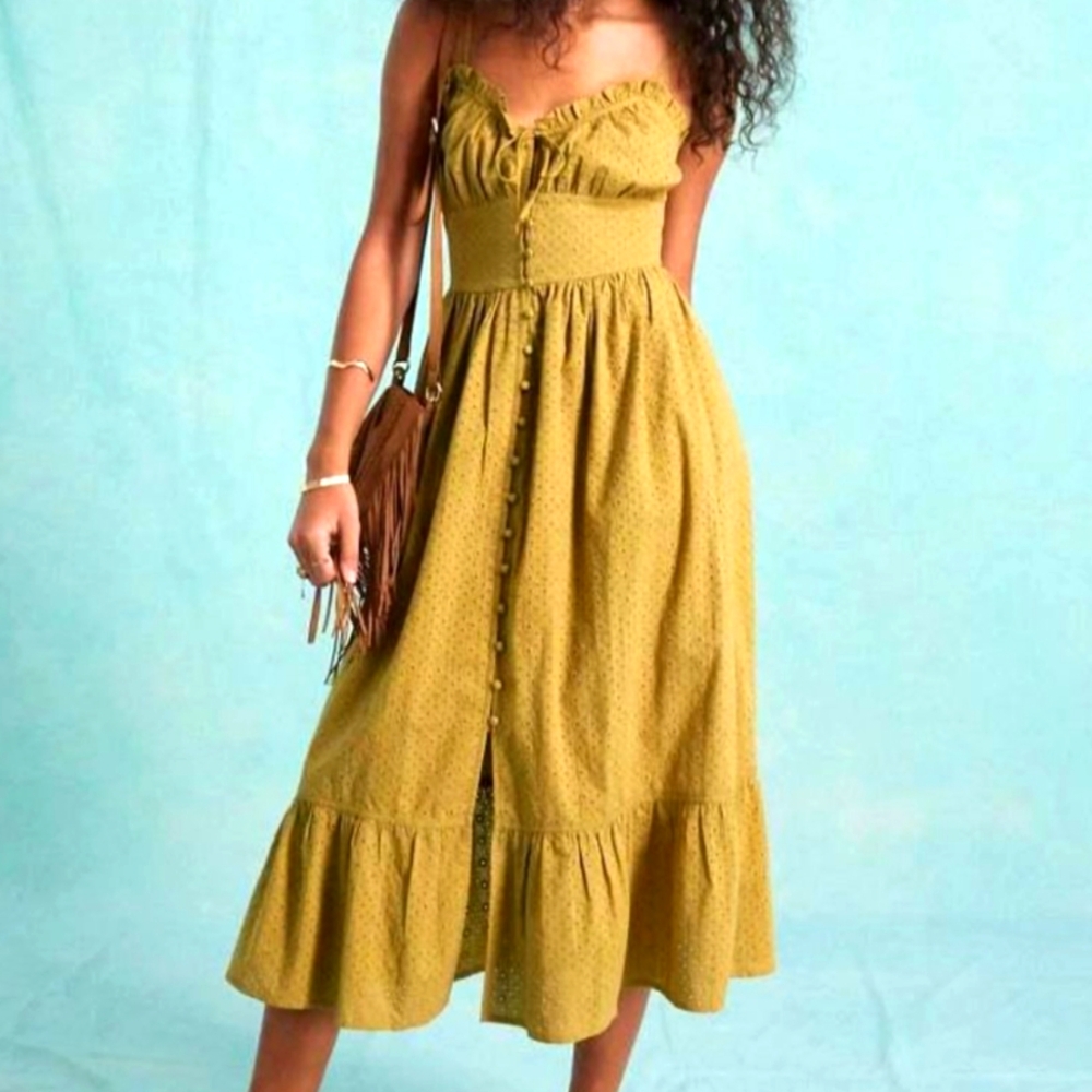 Miss Selfridge Green Broderie Tie Front Corset Peasant Dress Women's Size 6